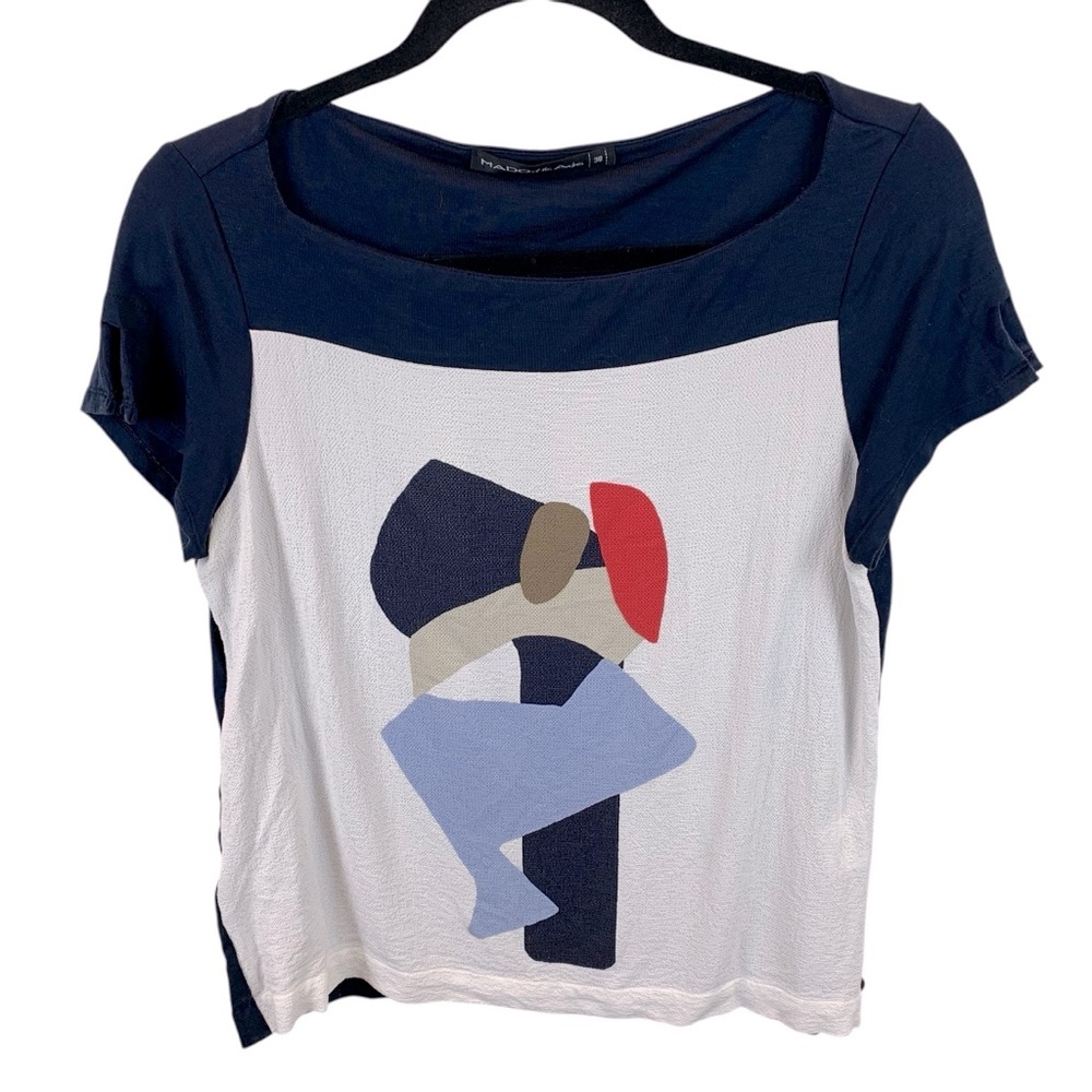 Mado Et Les Autres sz 38 Navy White Abstract Short Sleeve Tee Art To Wear Top
